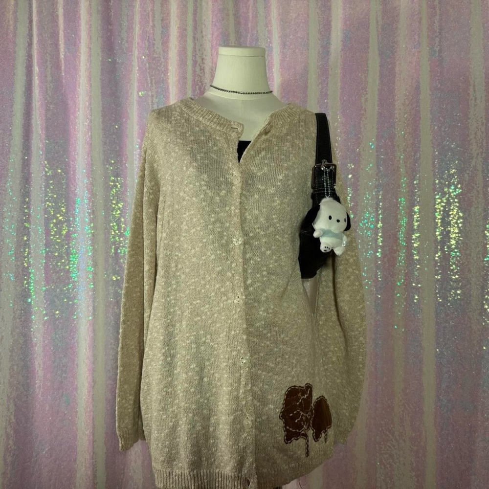 Together Beige Leather Detail Stitched Tree Long Sleeve Knit Cardigan (M) ★